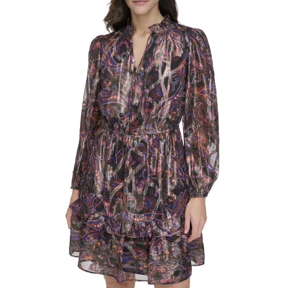 Vince Camuto Printed Chiffon Metallic Fit Flare Dress Black Multi Size 14P